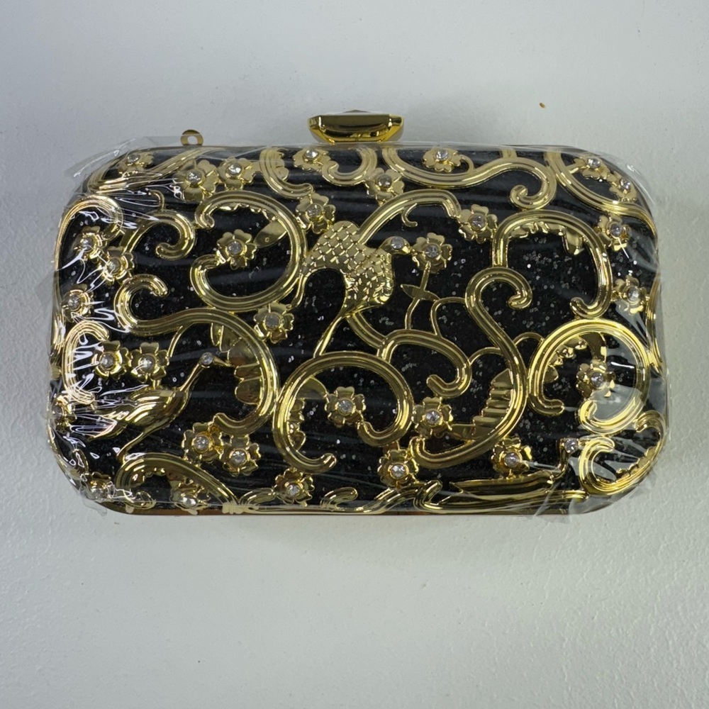 Fawziya Crystal Bird Clutch Black and Gold New